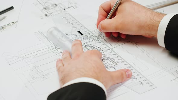 Architect Man Drawing Plan Blueprint Closeup