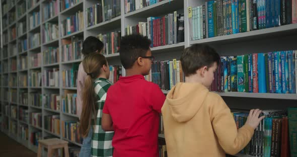 Schoolchildren Take Books From Shelves to Read in Library