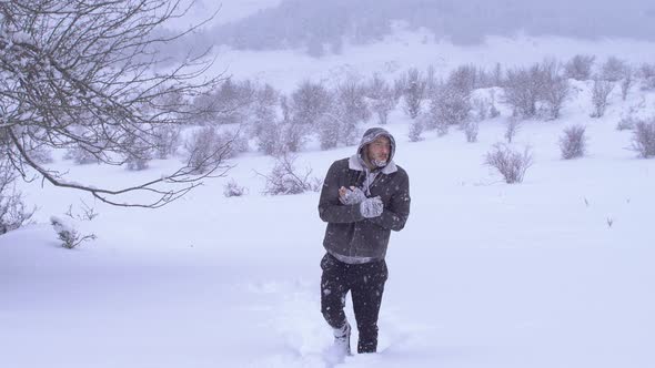 Freezing man in the snow.