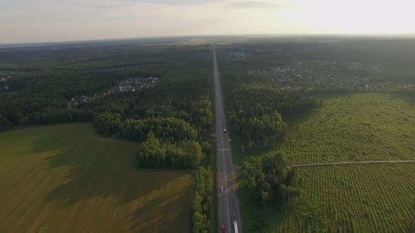 Car Traffic on the Countryside Road in Russia, Aerial