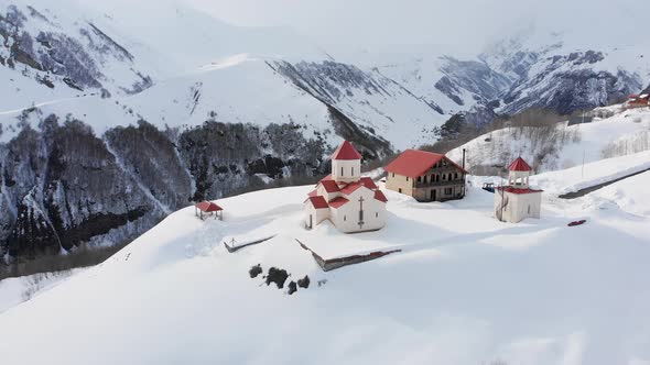 Aerial View Orthodox Church In Mountains