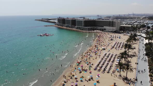 Aerial footage of the stunning beach at Alicante in Spain