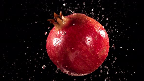 Flying of Pomegranate in Black Background in Slow Motion