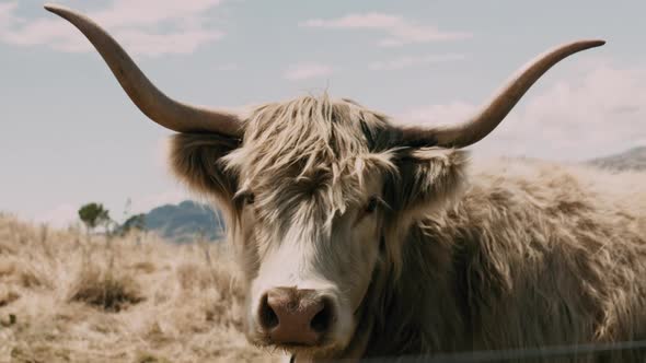 Highlander cow with big horns