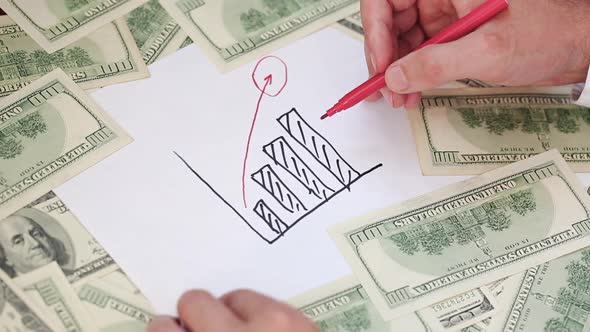 Economic Growth Graph With Growth Mark, Crosses Out The Graph. Lots Of Dollar Bills.