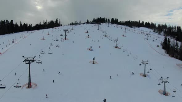 Drone flying over a ski slope