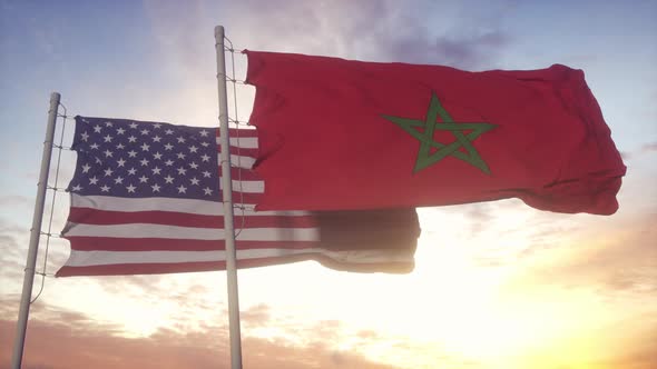 Morocco and United States Flag on Flagpole