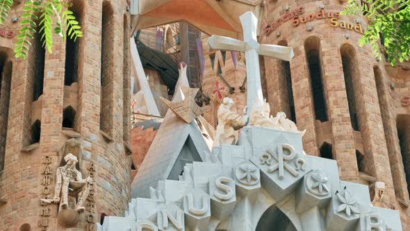 The Sagrada Familia and construction works in Barcelona, Spain. Close view