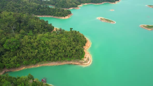 Aerial view of the lake among mountains and many islands.