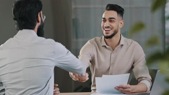 Two Successful Diverse Business Men Colleague Arabian Salesman Banker Male Manager Shaking Hand