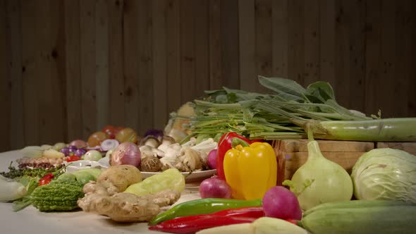 A Selection Of Various Colorful Vegetable And Spices On White Table