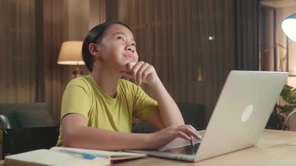 Asian Kid Girl Sitting Use Laptop Computer And Thinking Then Raising Her Index Finger