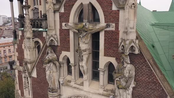 Aerial View of Historical Church of Saints Olga and Elizabeth Old Gothic Temple in Town Lviv Ukraine