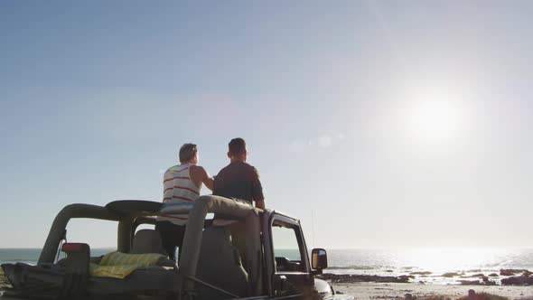 Happy caucasian gay male couple standing in car raising arms and holding hands on sunny day at beach