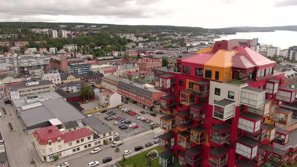 Aerial view of rooftops and apartment buildings in Örnsköldsvik, Sweden.