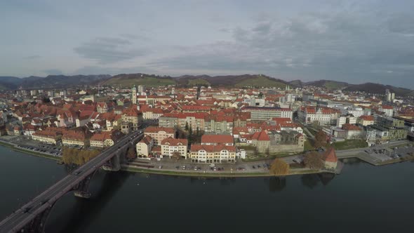 Aerial view of the Stari Most and the city of Maribor