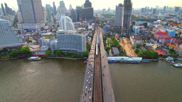 4K UHD : Bangkok River drone view. Flying over the Chao Phraya River