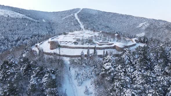 Aerial View Historical Castle Snowing