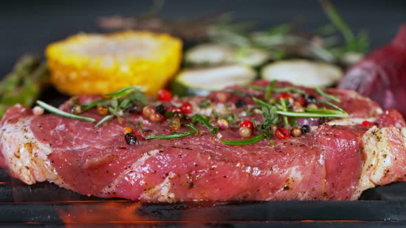 Super Slow Motion Shot of Fresh Beef Meat and Seasoning Falling on Grill at 1000 Fps