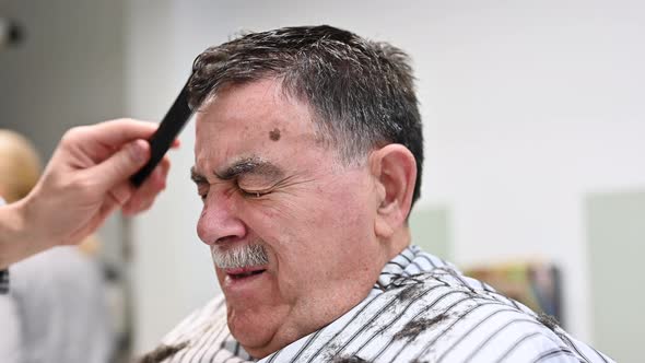 Barber Trimming Hair of Old Man at Barber Shop.