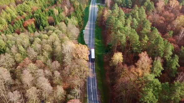 Aerial Shot of a Truck Driving on a Scenic Country Road in Autumn Forest