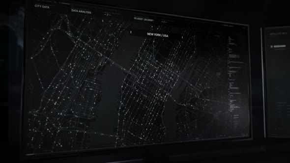 Futuristic surveillance system analyzes the virtual map of the roads in the city alt