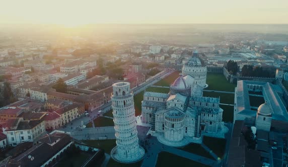 Aerial View of Leaning Tower of Pisa at Sunset