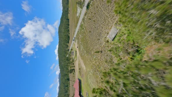 Freestyle drone fpv flying over Valle Nuevo pyramid and reception structure in Dominican Republic. A