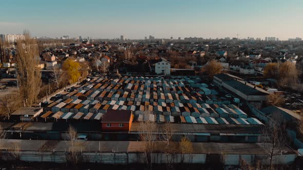 Top View on the Roofs of Old Rusty Garages