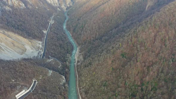 Amazing Mountain River Mzymta in the Evening Landscape of Sochi Sunset