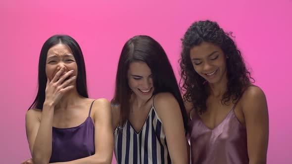 Three Woman in Pajamas Laughing Out Loud, Having Fun on Bridal Shower, Close Up