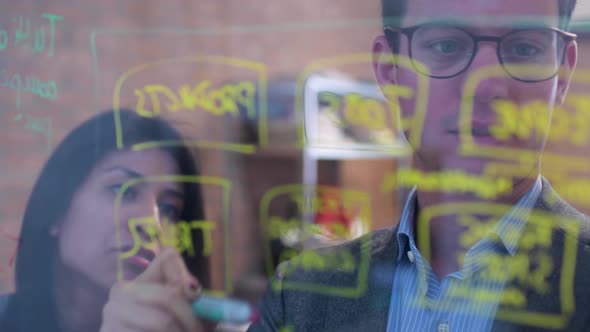 Businesswoman discussing project on glass wall with colleague