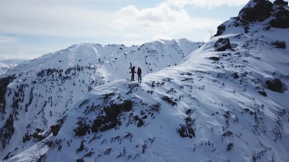 Climbers Walking Up Mountain Expedition Aerial Flight Epic Mountain Range Climb To Success Beautiful