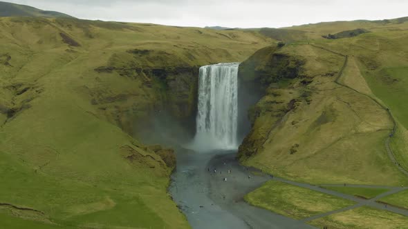 Skogafoss Waterfall and Green Landscape. Iceland. Aerial View