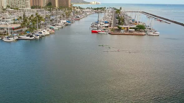 Aerial view of kayakers returning to Ala Wai Boat Harbor in Oahu