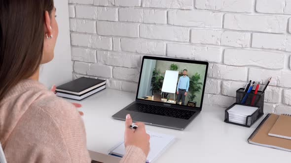 Emotional Woman at Home Study Online Video Call Webcam Laptop Tells Teacher
