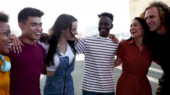 Happy Multiracial People Standing Together Outdoors