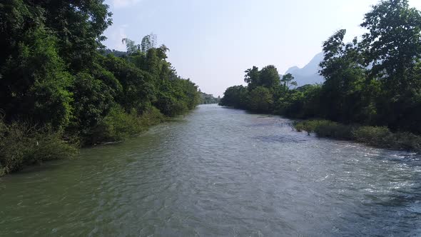 River near town of Vang Vieng in Laos seen from the sky