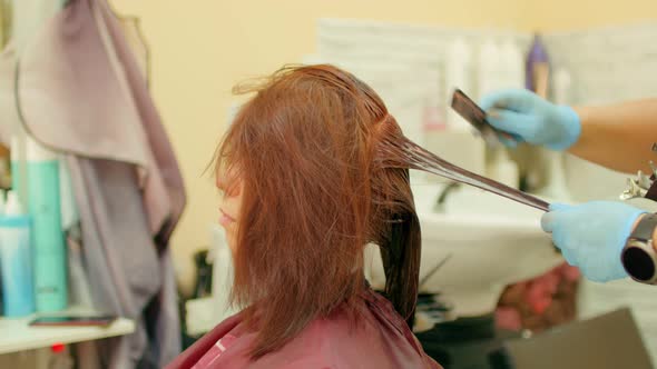 Unrecognizable Person Combs Colored Hair of Young Woman in Salon