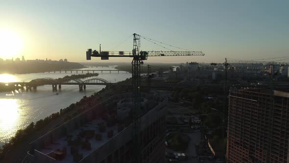 Aerial View of the Construction of a New Modern Residential Complex Near the River Kyiv Ukraine