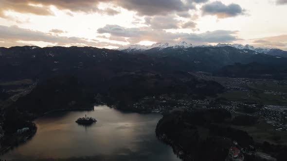 Lake Bled drone flight - aerial reveal of stunning landscape; Slovenia