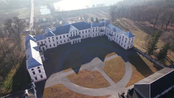 Aerial Autumn View to Vyshnivets Palace Ukraine