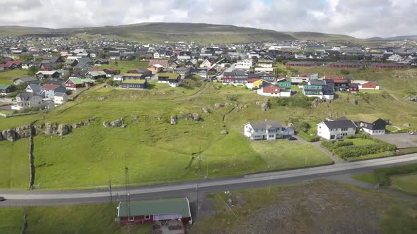 Faroe Islands Shoreline Town Panorama Filmed By Drone