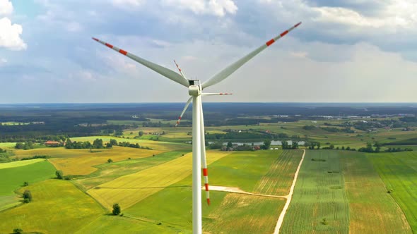 Wind turbines on fieldin summer, aerial view in Poland