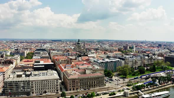 Wide Drone View of Danube River and Budapest City Skyline