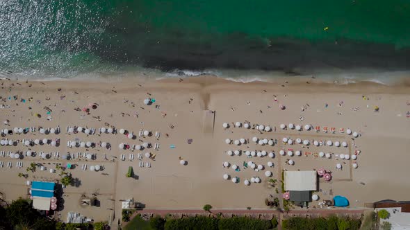 Aerial View. Top View of the Mediterranean Sea Beach Line. In the Frame, the Resort Area of the