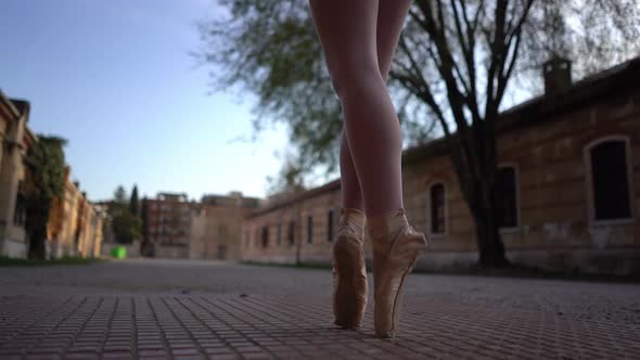 Low section of young ballerina dancing in courtyard