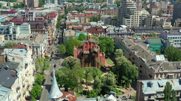 Top view of the historical complex "Golden Gate" in Kiev. Beautiful spring flight over the city.