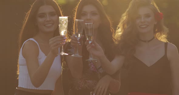 Three Gorgeous Girlfriends Drinking Champagne in Sunlight in the Summer Park