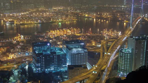 Night  Skyview with Container Port Traffic in Hong Kong